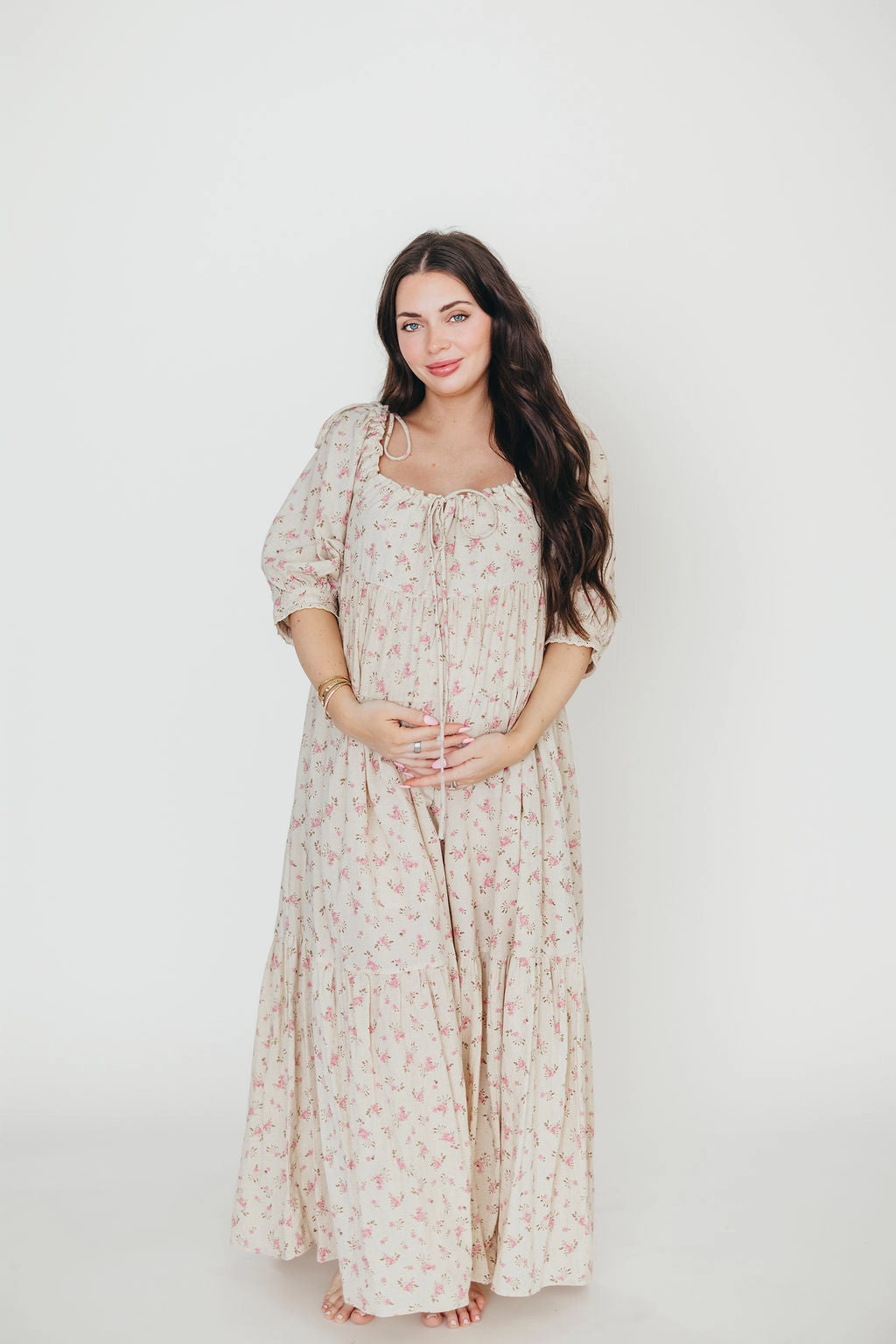 Sleek Layer Sophisticated Waistband Fit Cara 100% Cotton Maxi Dress in Pink/Brown Floral *Final-Sale*