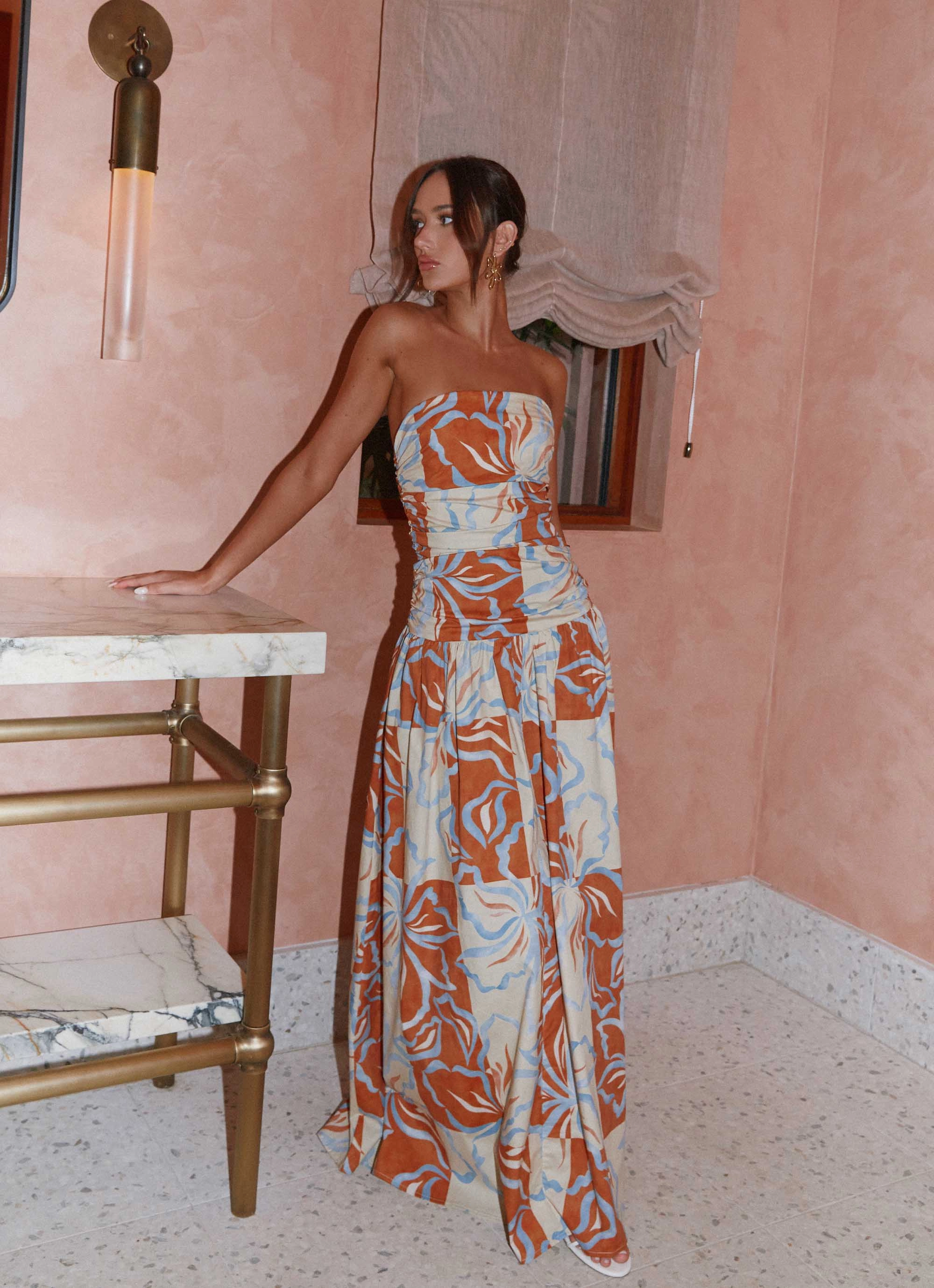 Carmel Maxi Dress - Orange Blue Floral Vintage-Inspired Dreamy Presence