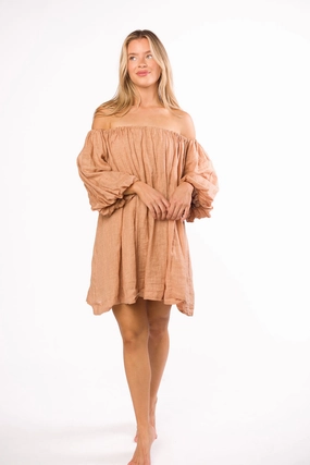 Cassidy 100% Linen On/Off Shoulder Mini Dress in Mocha *Final-Sale* All-day style Layer Safe