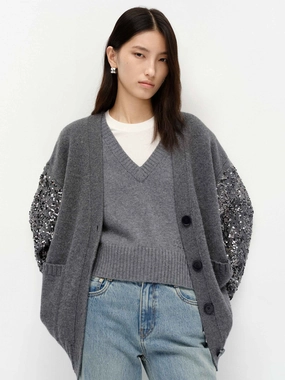 Soft Material Crystal Detail Wool Cardigan