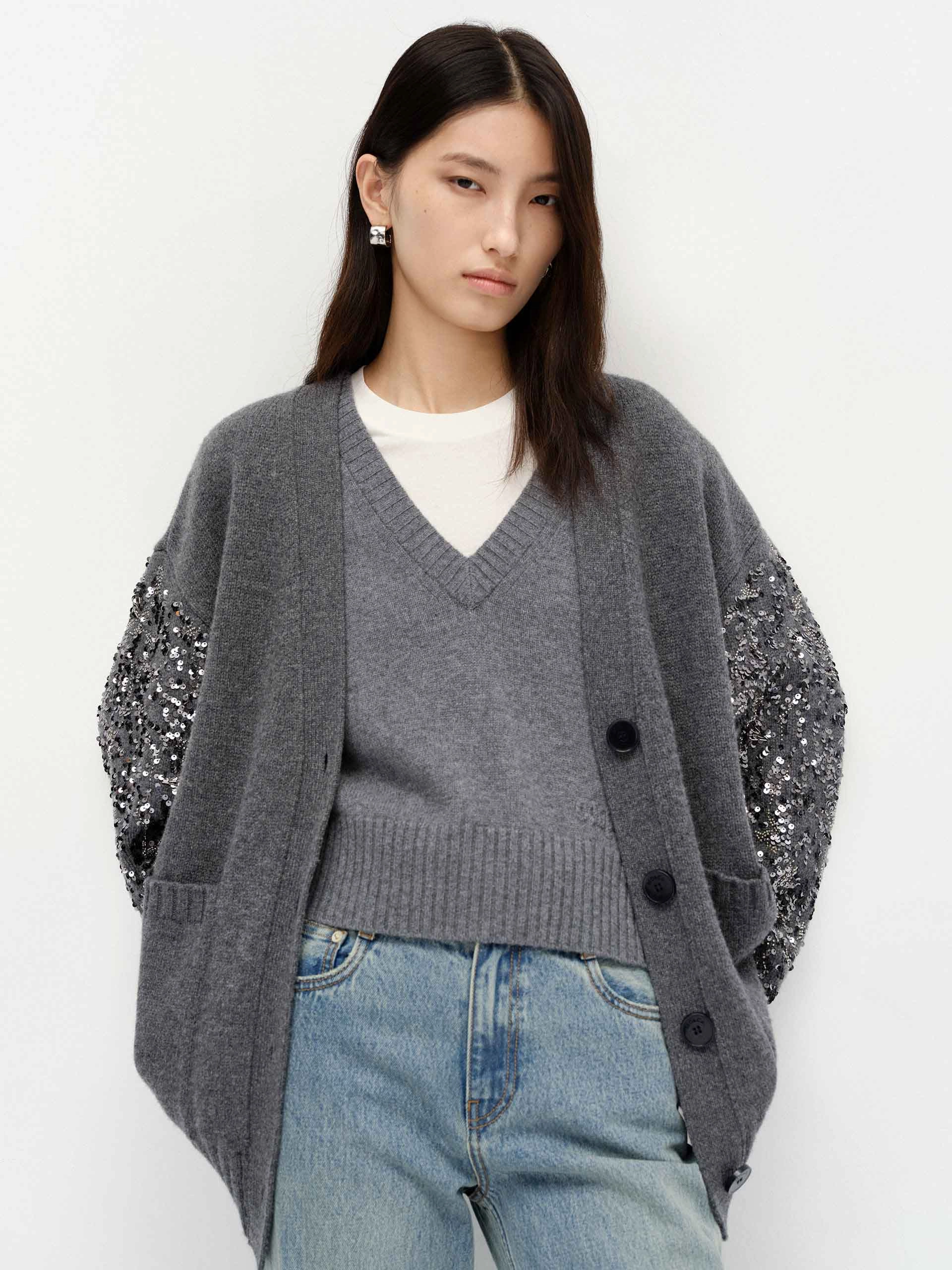 DoubleLayered Collar Crystal Detail Wool Cardigan
