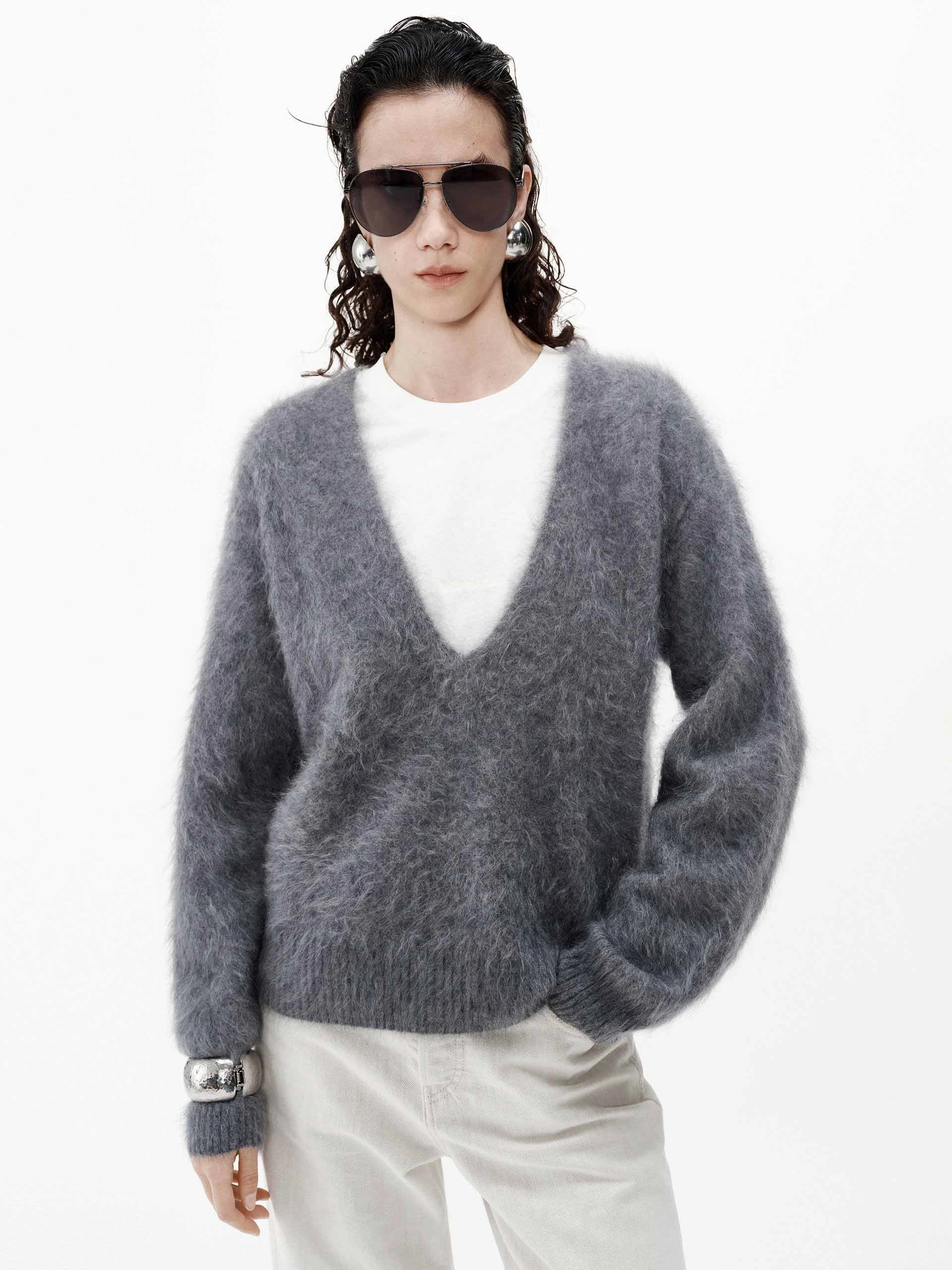 Deep V-neck Cashmere Sweater Essential Drape Worn In