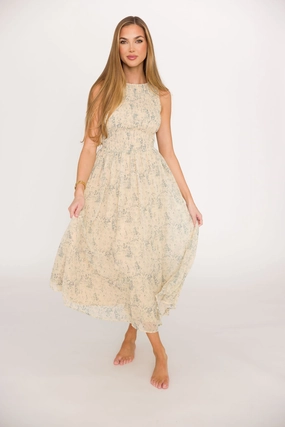 Lounge Ready Chic Layered Wear Alaina Floral Print Smocked Midi Dress in Blue Multi * Final-Sale *