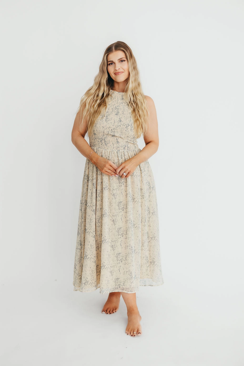Alaina Floral Print Smocked Midi Dress in Blue Multi * Final-Sale * Minimal Comfort