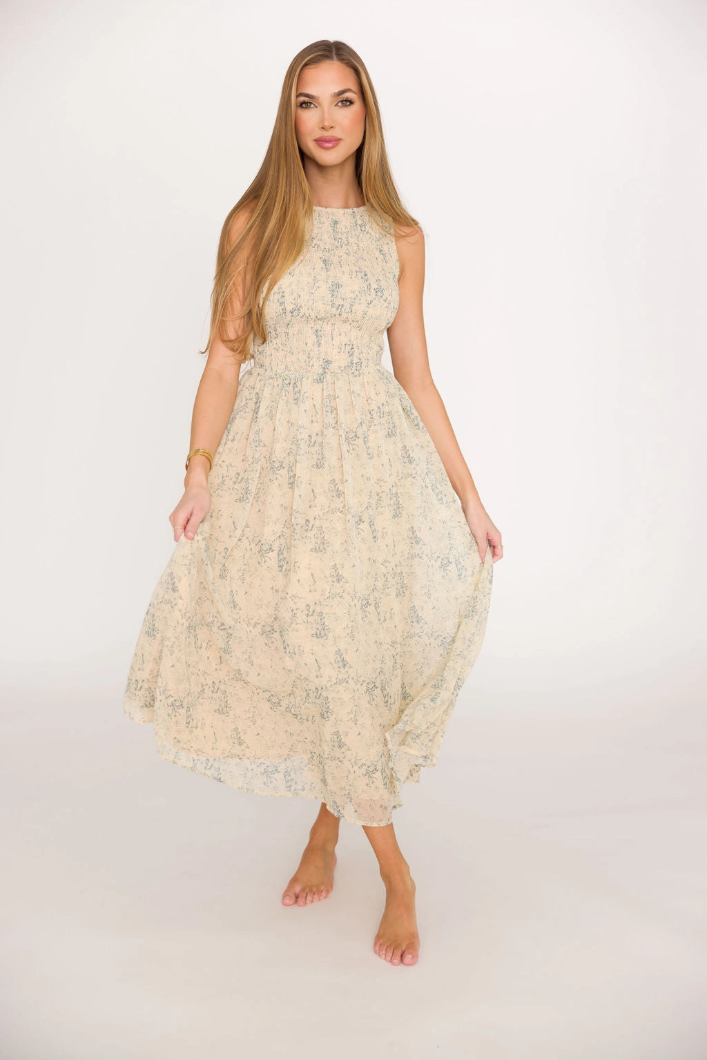 Lounge Ready Chic Layered Wear Alaina Floral Print Smocked Midi Dress in Blue Multi * Final-Sale *