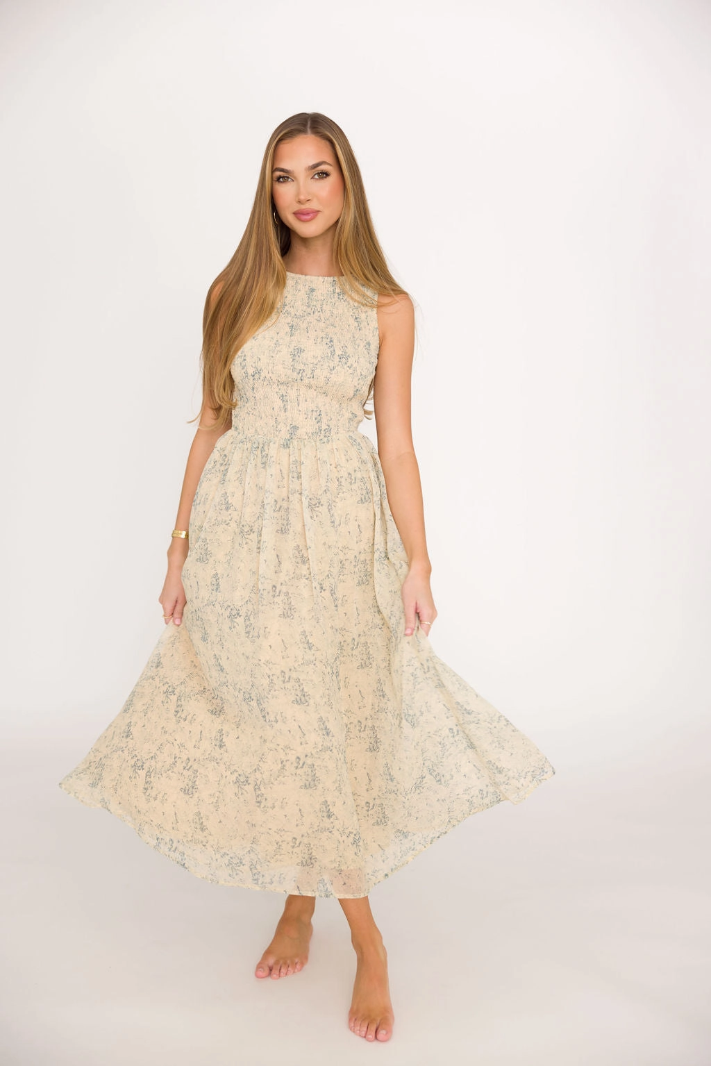 Neutral Aesthetic Exclusive-Design Alaina Floral Print Smocked Midi Dress in Blue Multi * Final-Sale *