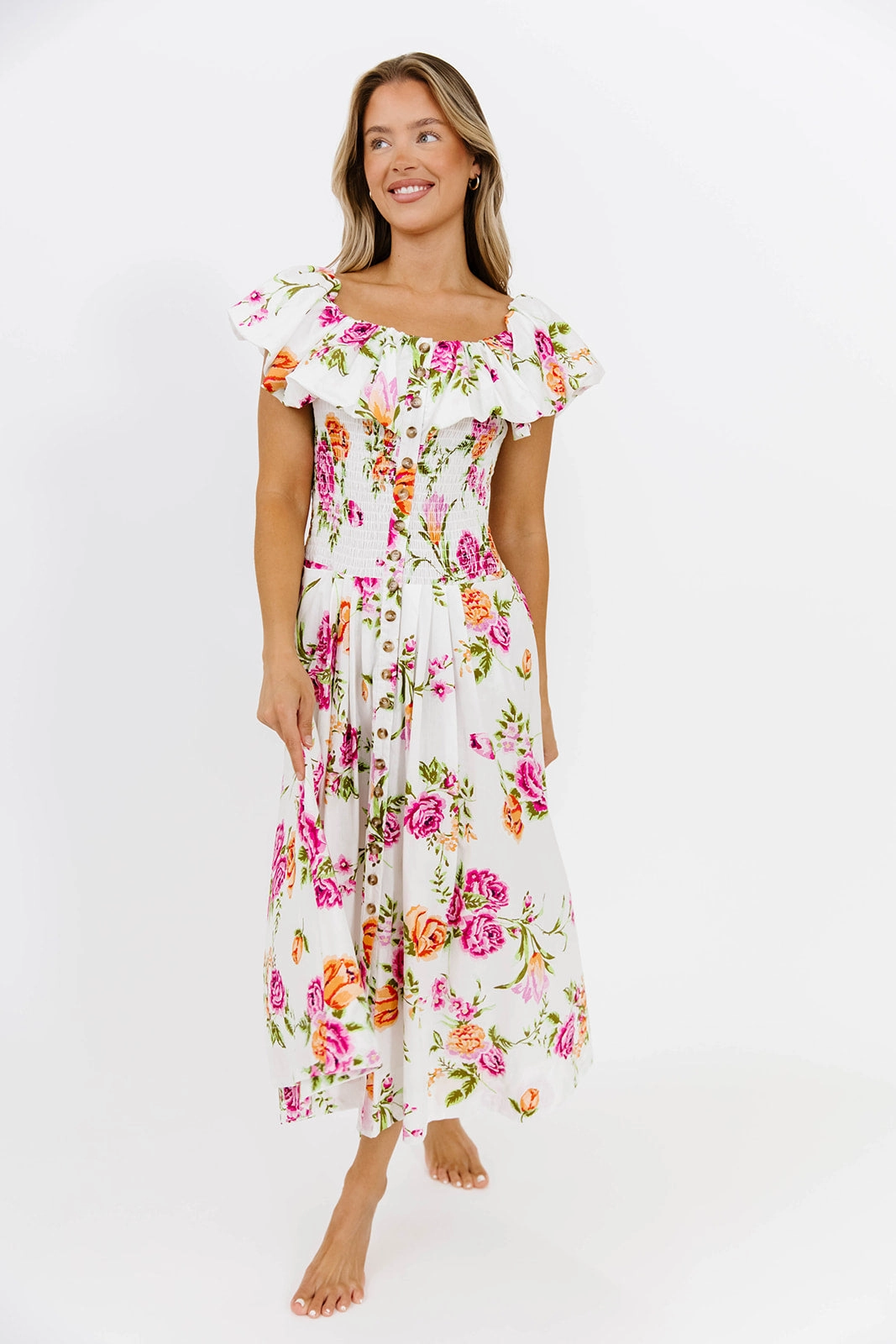 Waist Seam Luxurious Texture Laney Floral Maxi Dress in White Floral *Final-Sale*