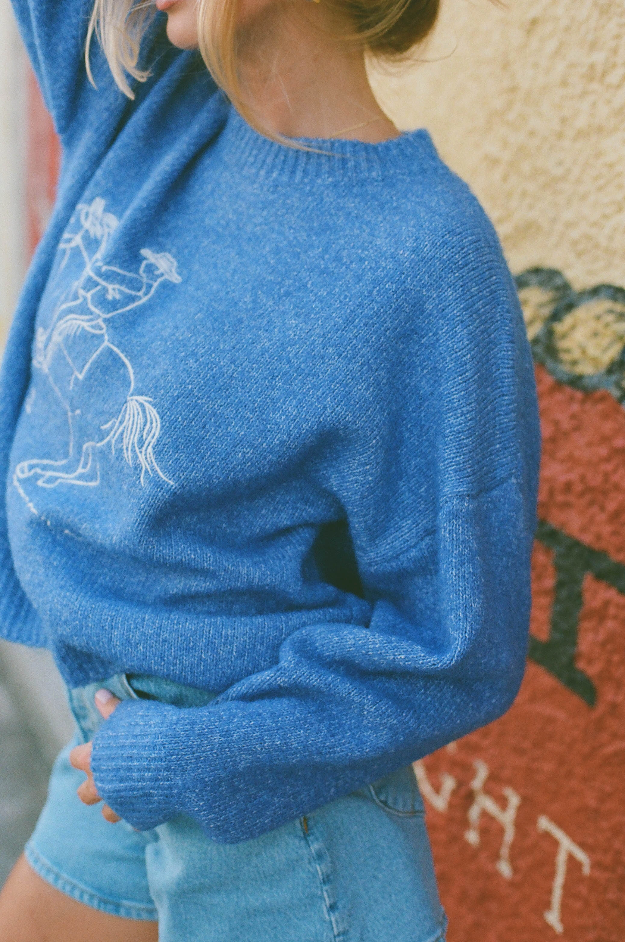 Virginia Embroidered Cowboy Knit Sweater in Royal Cozy Knit Touch