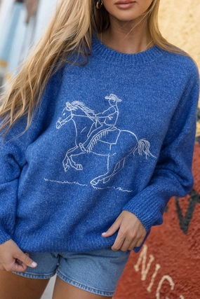 Virginia Embroidered Cowboy Knit Sweater in Royal Knit Fabric Active Layer