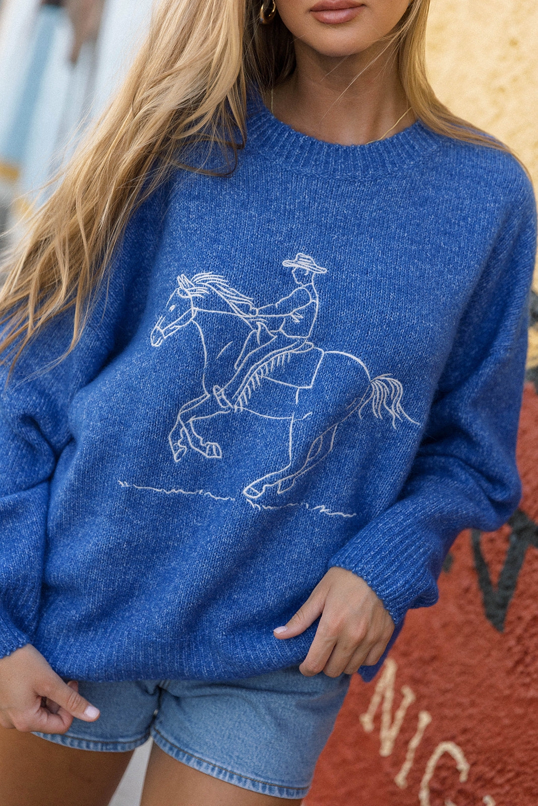 Virginia Embroidered Cowboy Knit Sweater in Royal Knit Fabric Active Layer