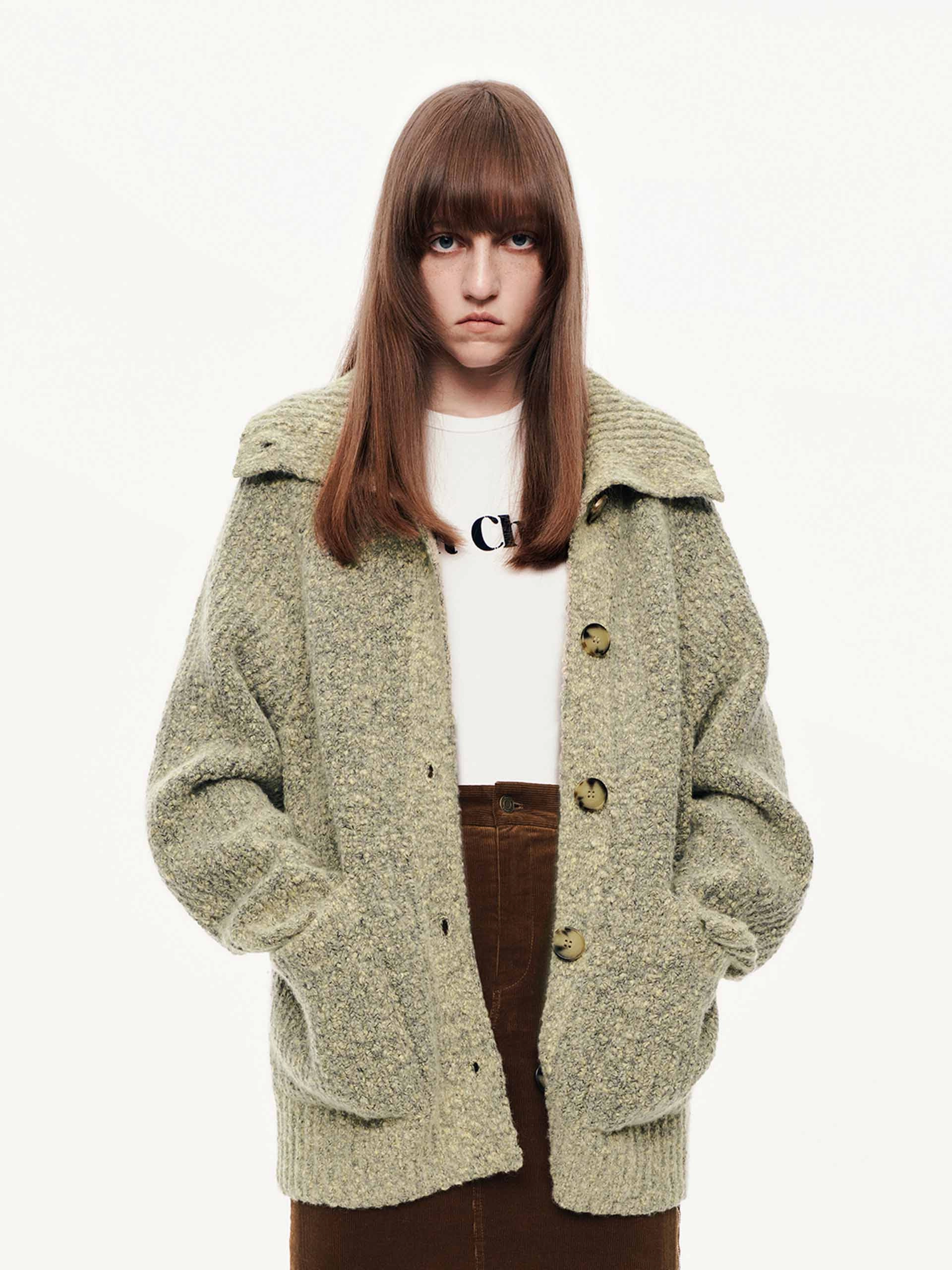 Wool Blend Button Cardigan Flexible Waistband