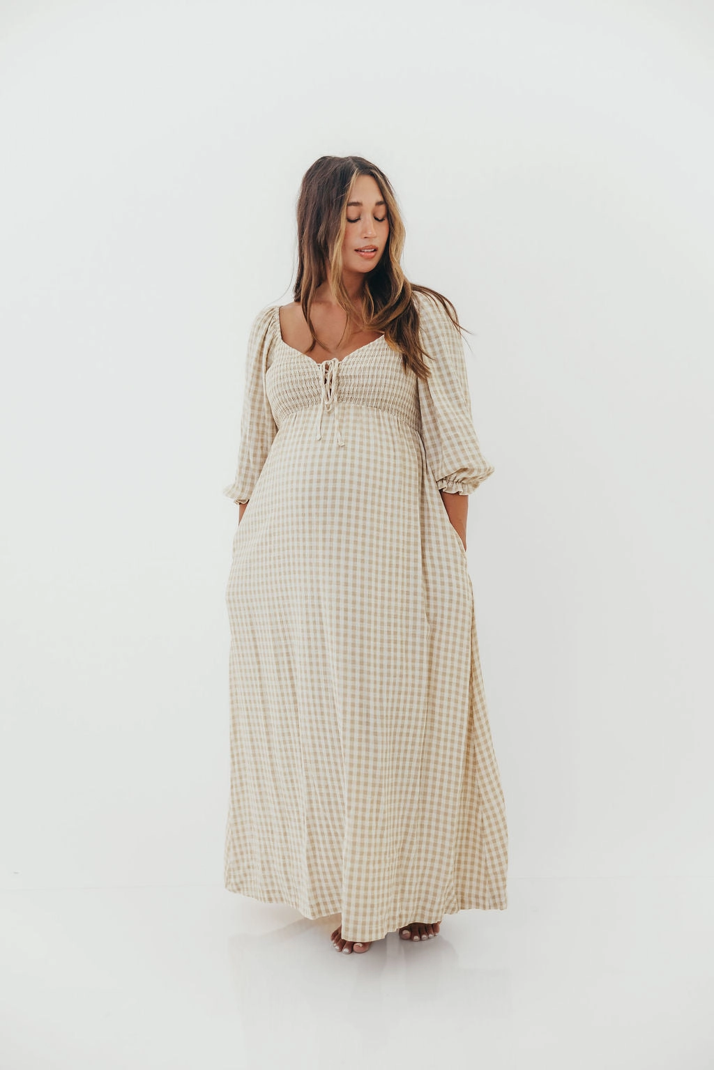 Cecilia 100% Cotton Smocked Maxi Dress in Natural Plaid - Bump Friendly *9/26 PRE-ORDER* Pocket-Detail Chic Waist