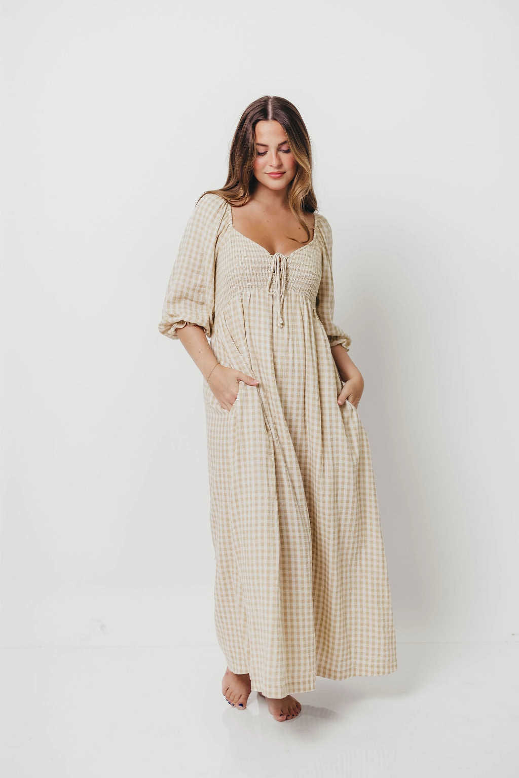 Airy Fabric Cozy Balance Cecilia 100% Cotton Smocked Maxi Dress in Natural Plaid - Bump Friendly *9/26 PRE-ORDER*