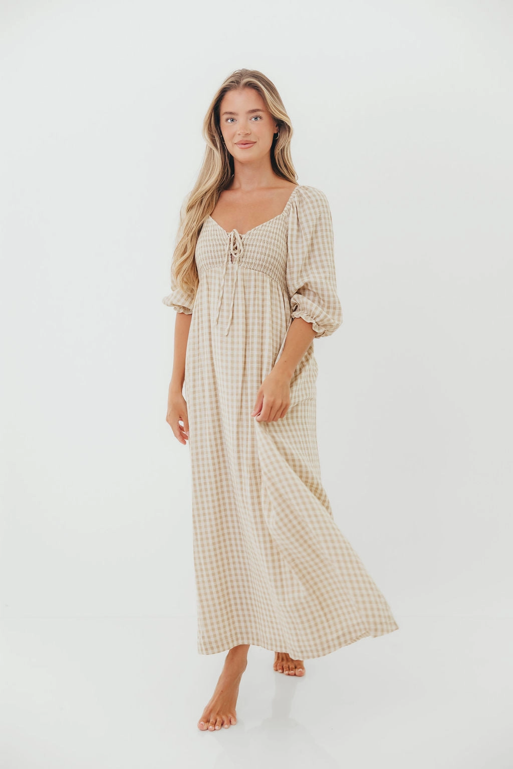 Cecilia 100% Cotton Smocked Maxi Dress in Natural Plaid - Bump Friendly *9/26 PRE-ORDER* Modern Finish Workwear