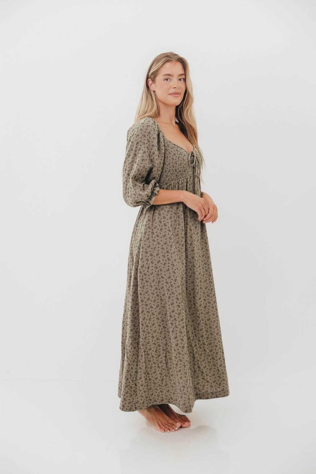 Flexible Fabric Neutral Base Cecilia 100% Cotton Smocked Maxi Dress in Olive Foliage - Bump Friendly *9/26 PRE-ORDER*
