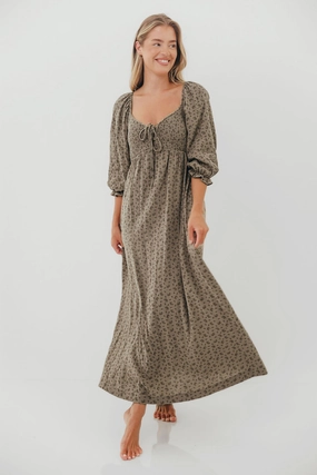 Cecilia 100% Cotton Smocked Maxi Dress in Olive Foliage - Bump Friendly *9/26 PRE-ORDER* Square-Neck Easy-to-style casual dress