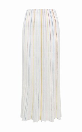 Celeano Pinstripe Knit Midi Skirt in Ivory Multi Merino Wool Cozy Weekend Neutral Look