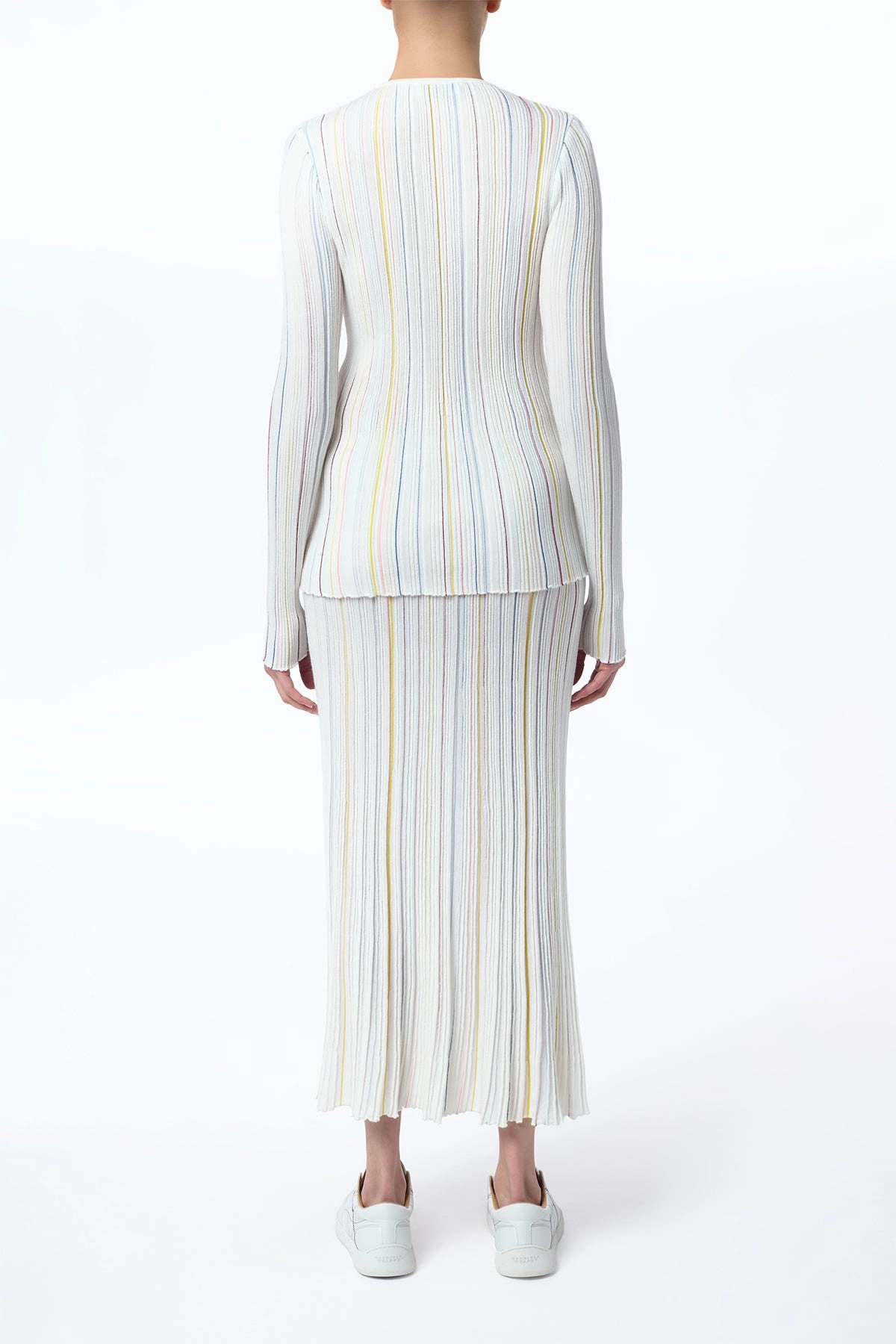 Soft Ribbed Texture Layer Ready Celeano Pinstripe Knit Midi Skirt in Ivory Multi Merino Wool