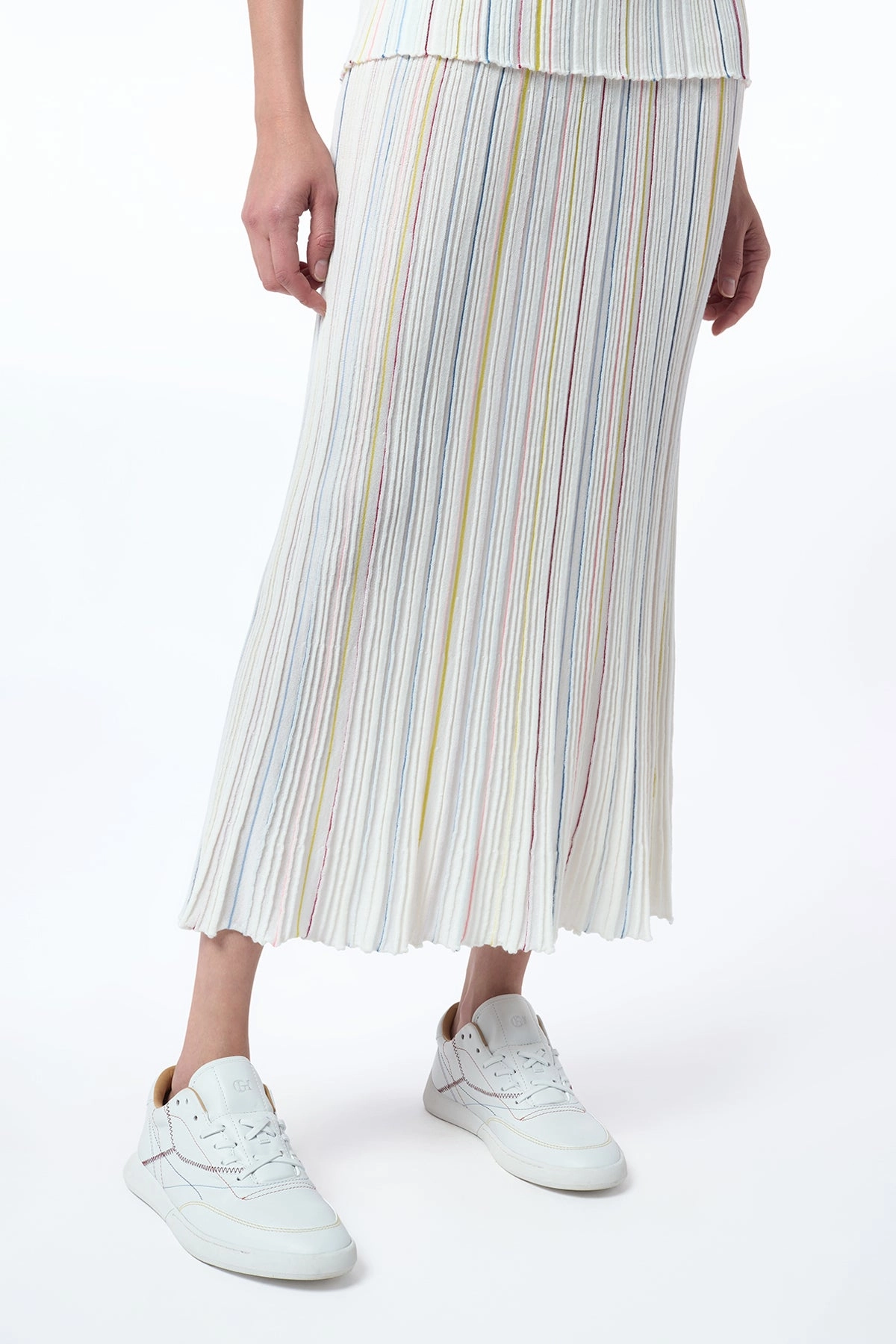 Celeano Pinstripe Knit Midi Skirt in Ivory Multi Merino Wool Season Ready Sustainable Dye Process