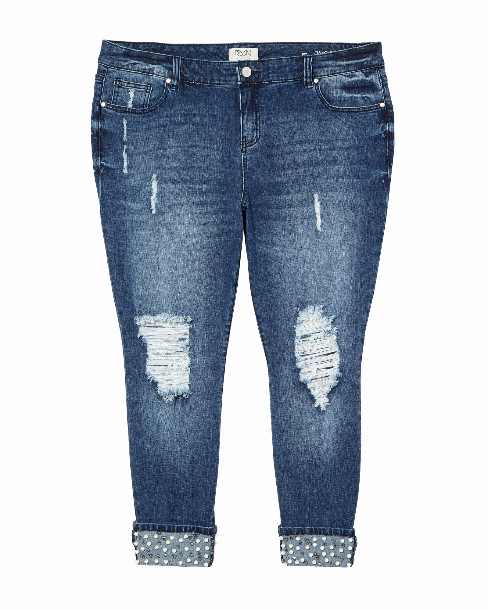 Centre Destructed Boyfriend with Embellishment | Medium Wash Sleek Silhouette