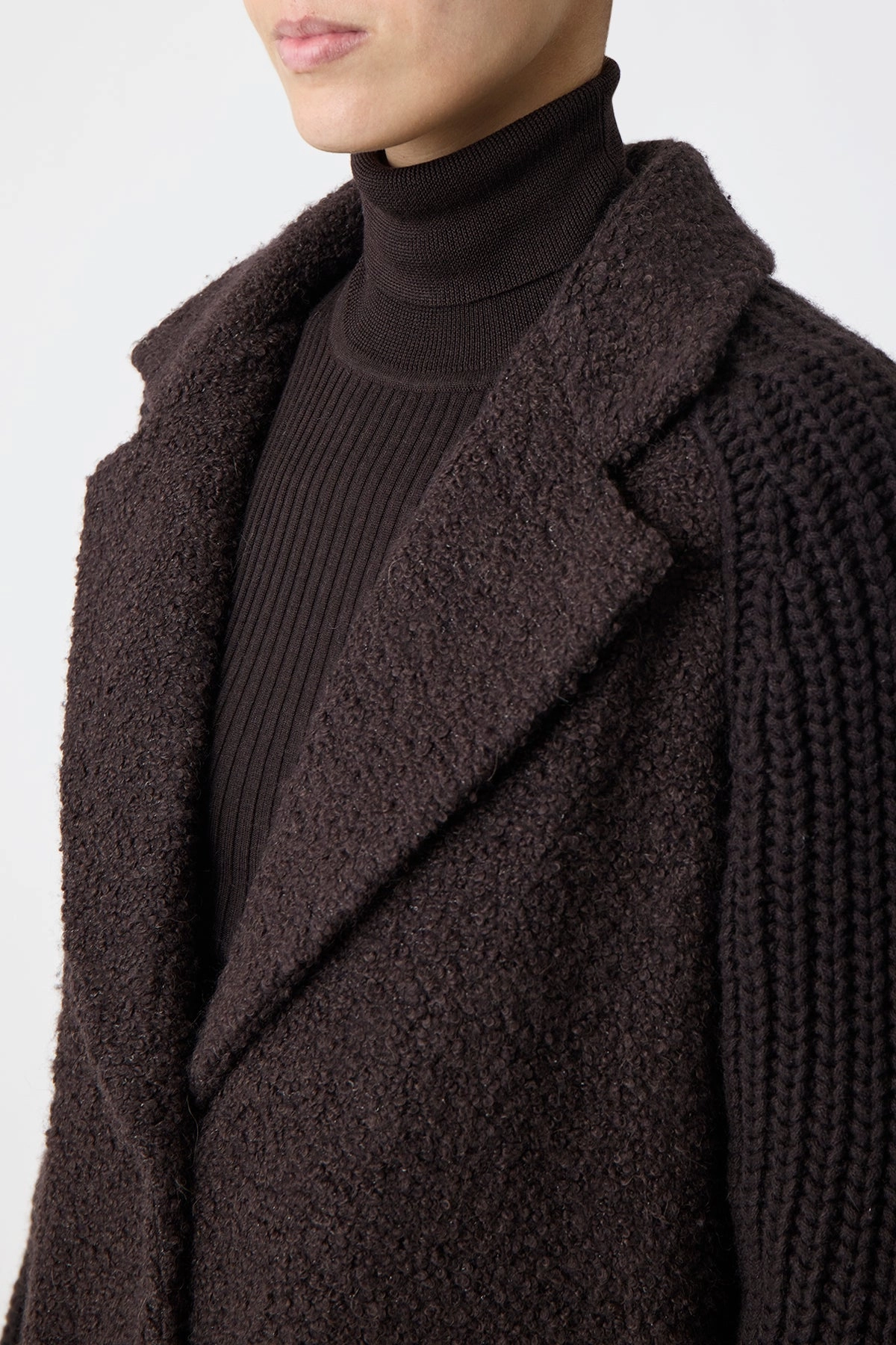 Charles Coat in Chocolate Recycled Cashmere Boucle Reinforced Hems High Collar Style