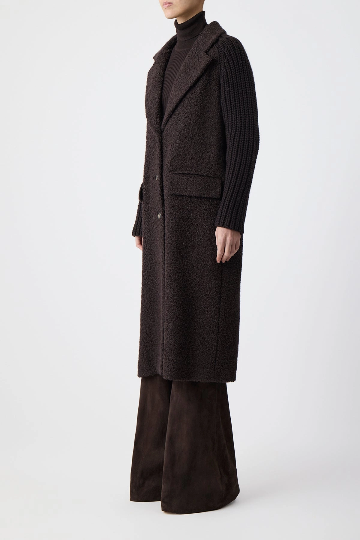Charles Coat in Chocolate Recycled Cashmere Boucle HeatReflectiveLining Double Stitched Seams