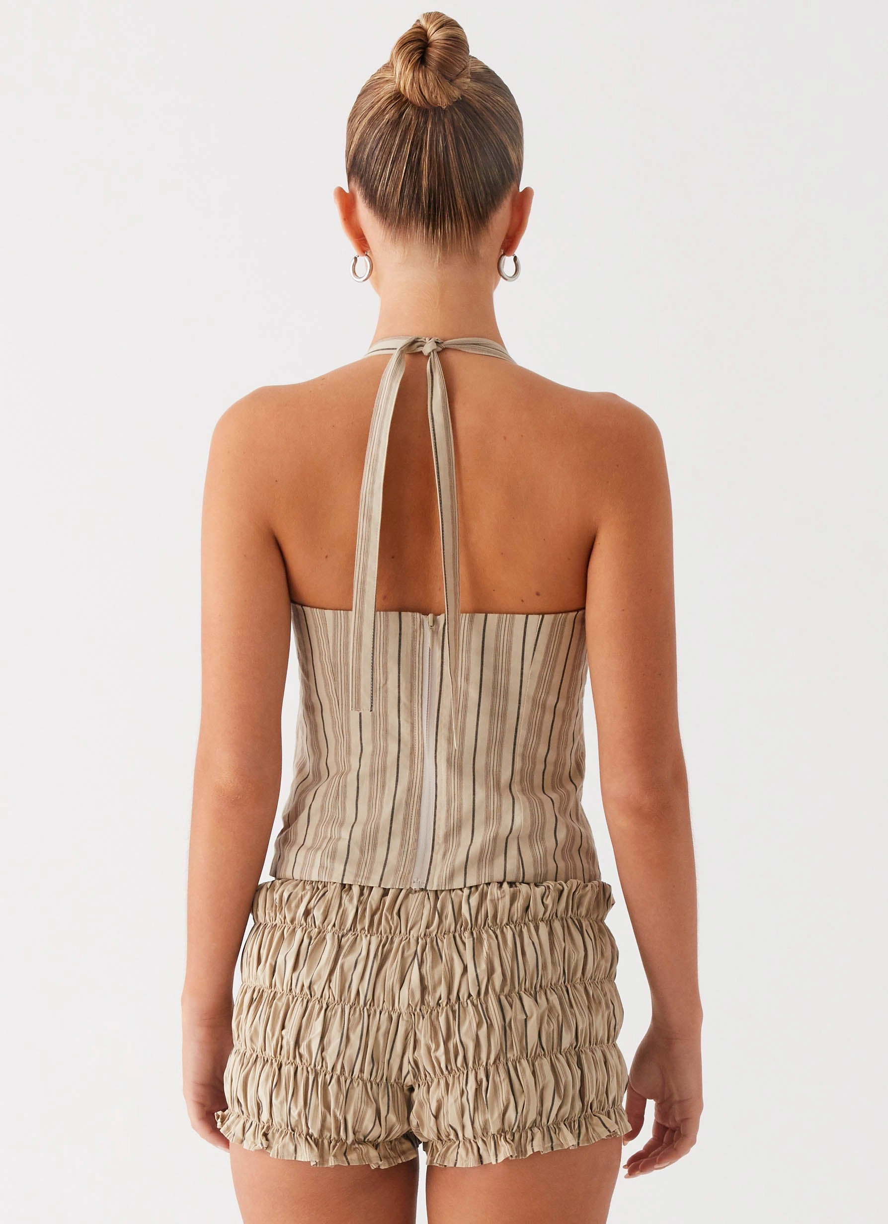 Flat Lock Stitching Cheryl Bustier Halter Top - Oatmeal Stripe