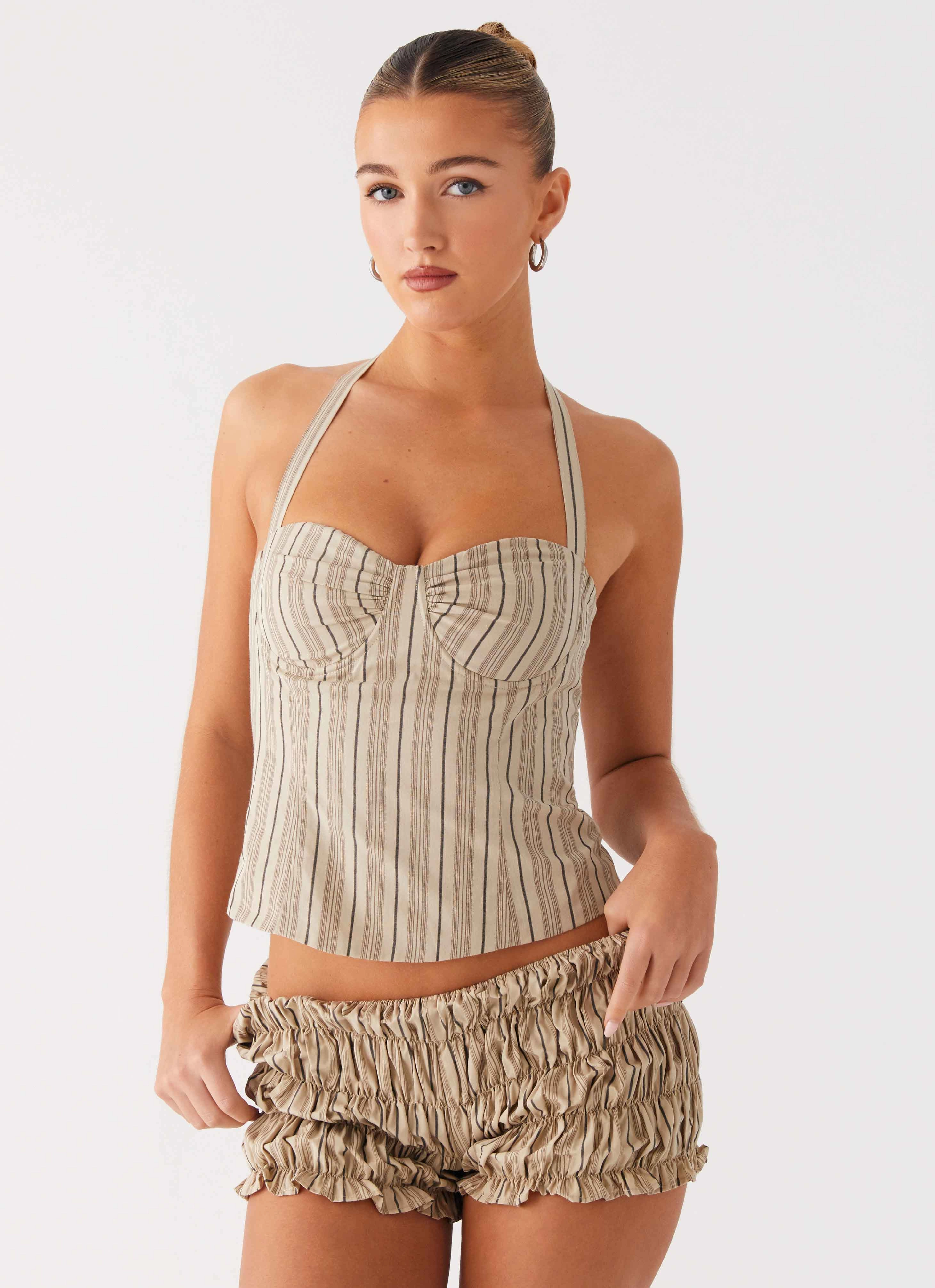 Cheryl Bustier Halter Top - Oatmeal Stripe Moisture Wicking Tech