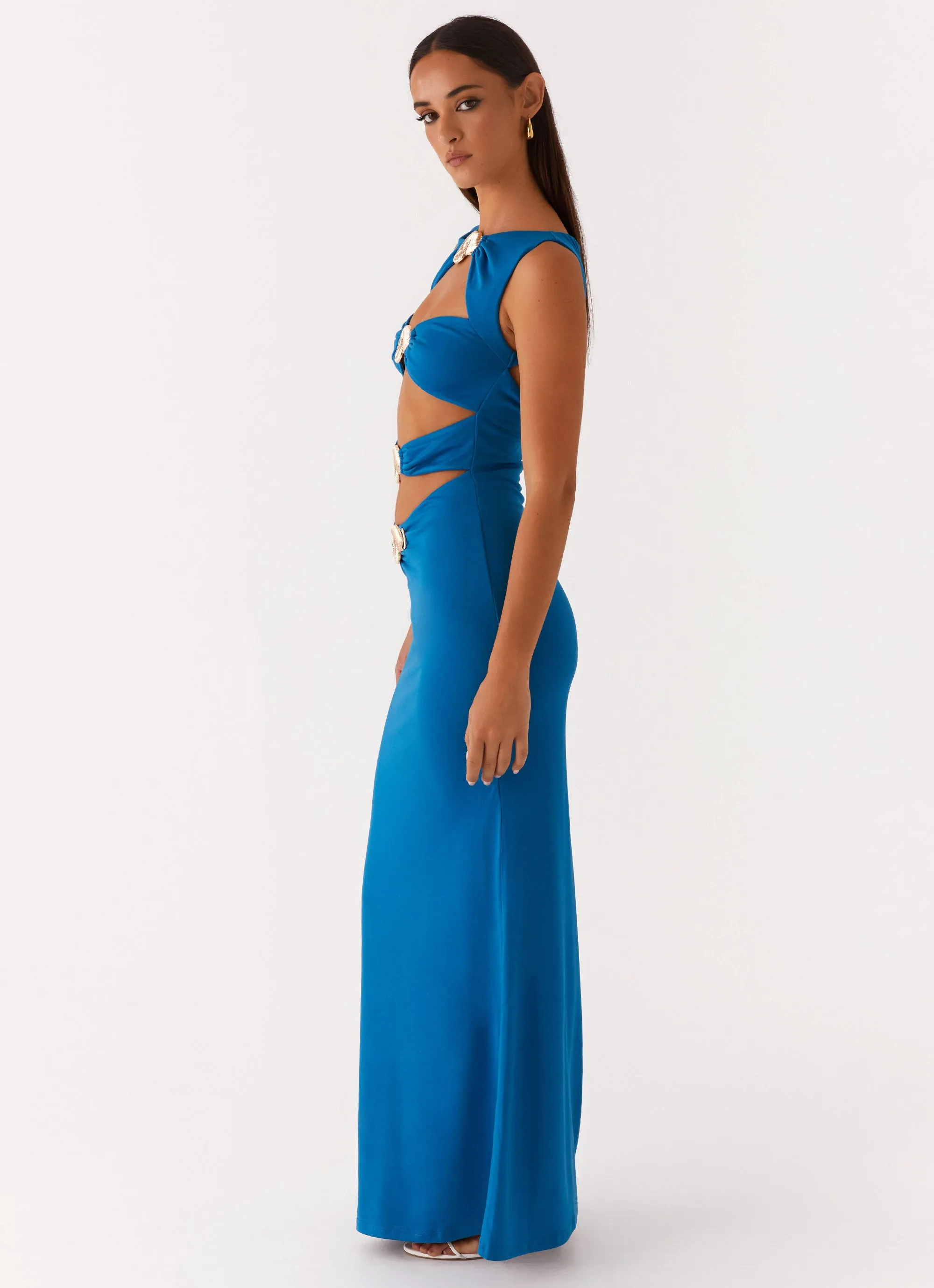 City Style Unique Print Lagoon Cut Out Maxi Dress - Royal Blue
