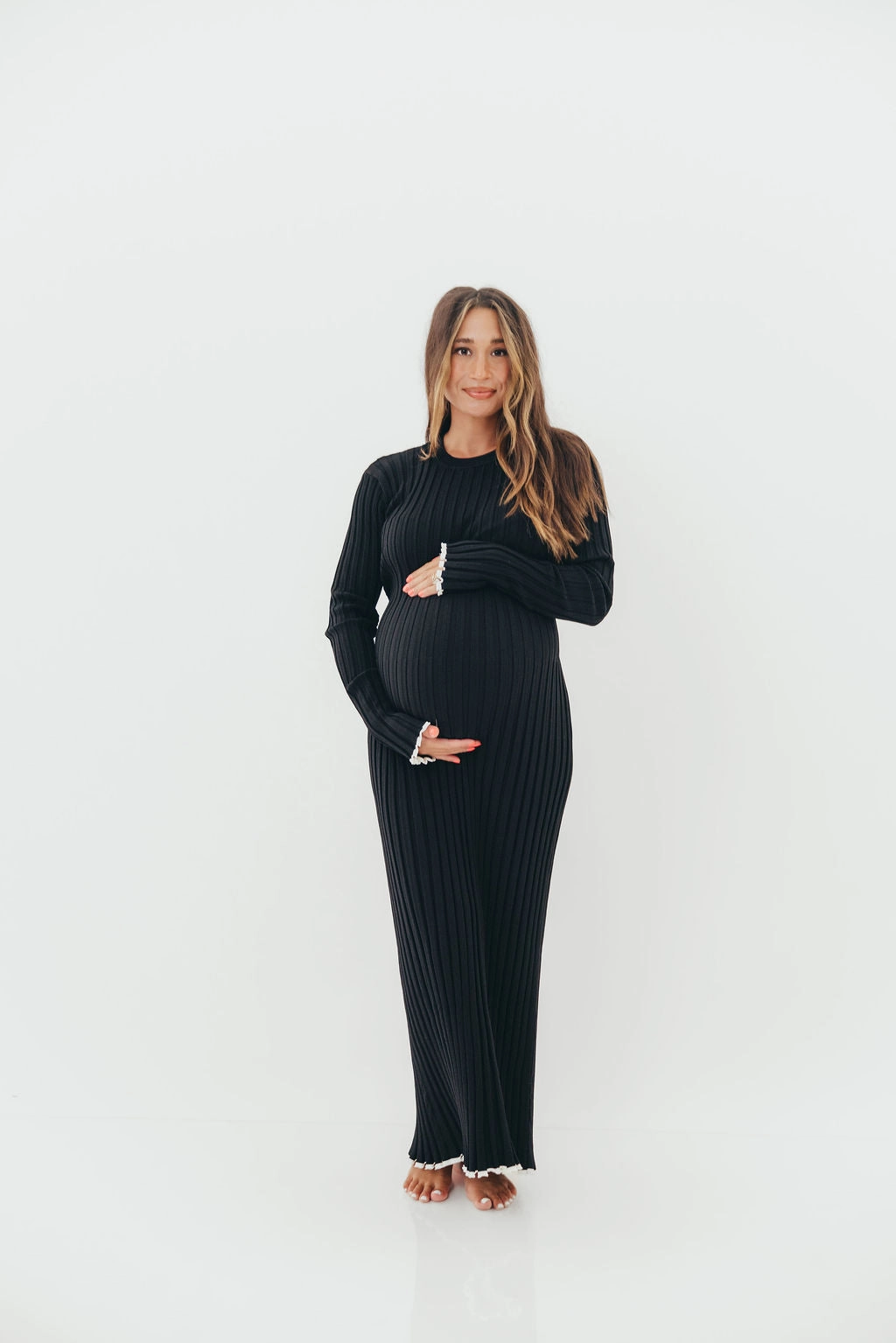 Bentley Ribbed Knit Maxi Dress in Black with White Trim - Bump Friendly Fashionable Wear