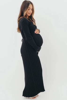 Spring Flow Sophisticated Waist Bentley Ribbed Knit Maxi Dress in Black with White Trim - Bump Friendly