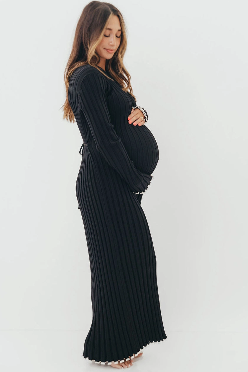 Spring Flow Sophisticated Waist Bentley Ribbed Knit Maxi Dress in Black with White Trim - Bump Friendly