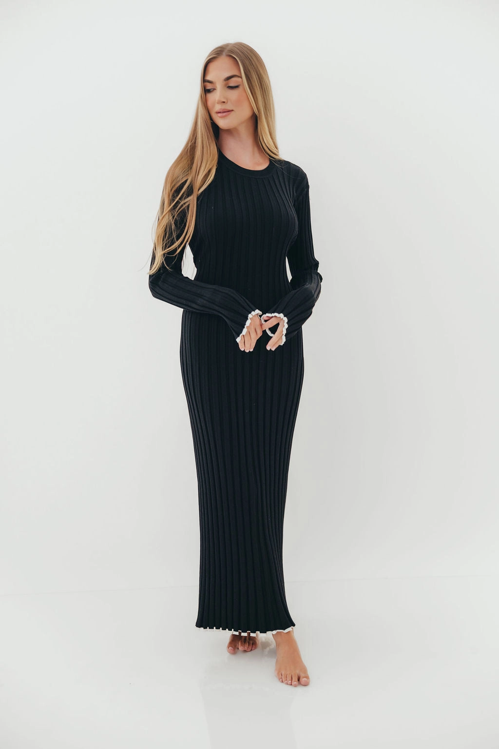 Bentley Ribbed Knit Maxi Dress in Black with White Trim - Bump Friendly Simple Mood Timeless Cut