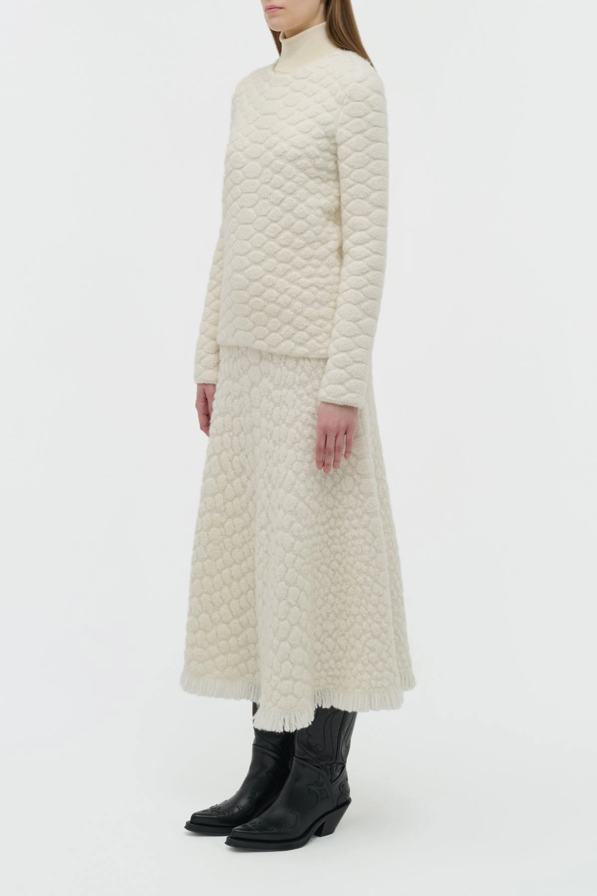 QuickDry Fabric Double Layered Kanta Fringe Knit Midi Skirt in Ivory Cashmere