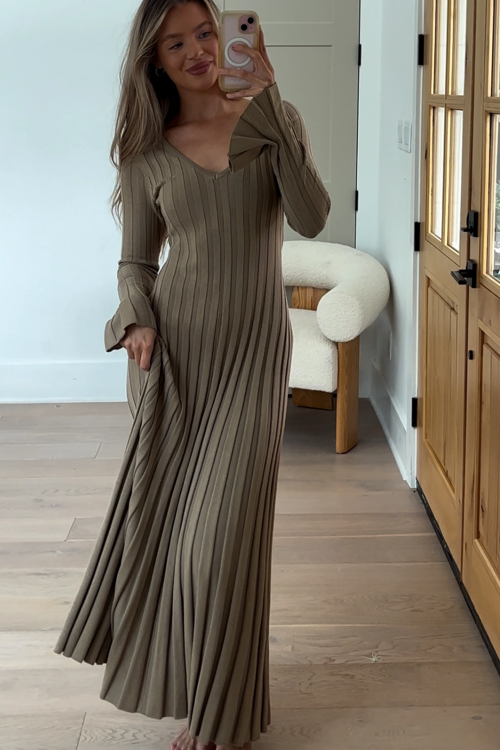 Satin Fabric Comfortable Waist Design Hadley Long Sleeve V-Neck Knit Maxi Dress in Dune