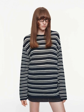 Round Neck Striped Sweater EcoFriendly Textile QuickDry Fabric