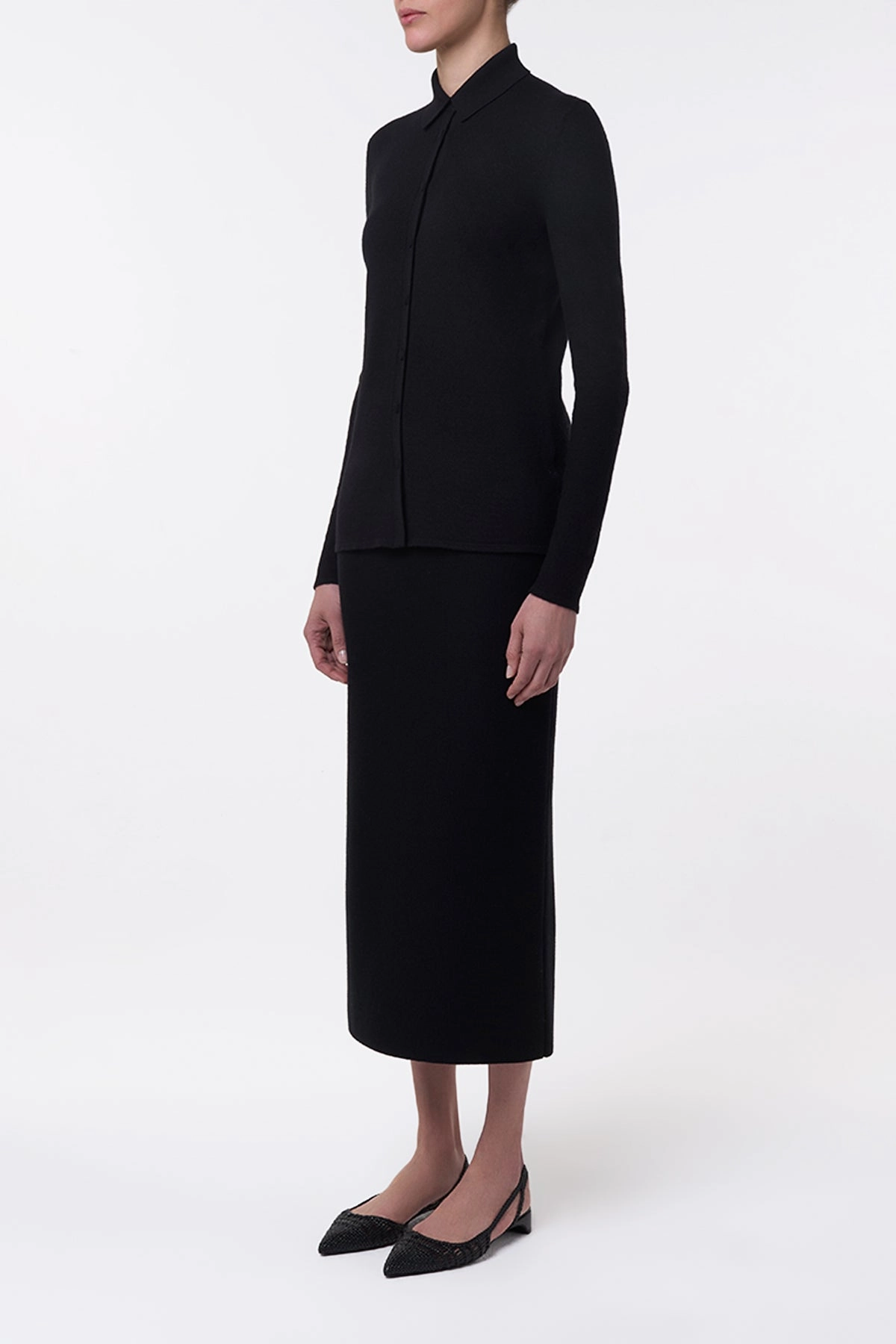 Brushed Inner Layer Circe Knit Maxi Skirt in Black Merino Wool Cashmere