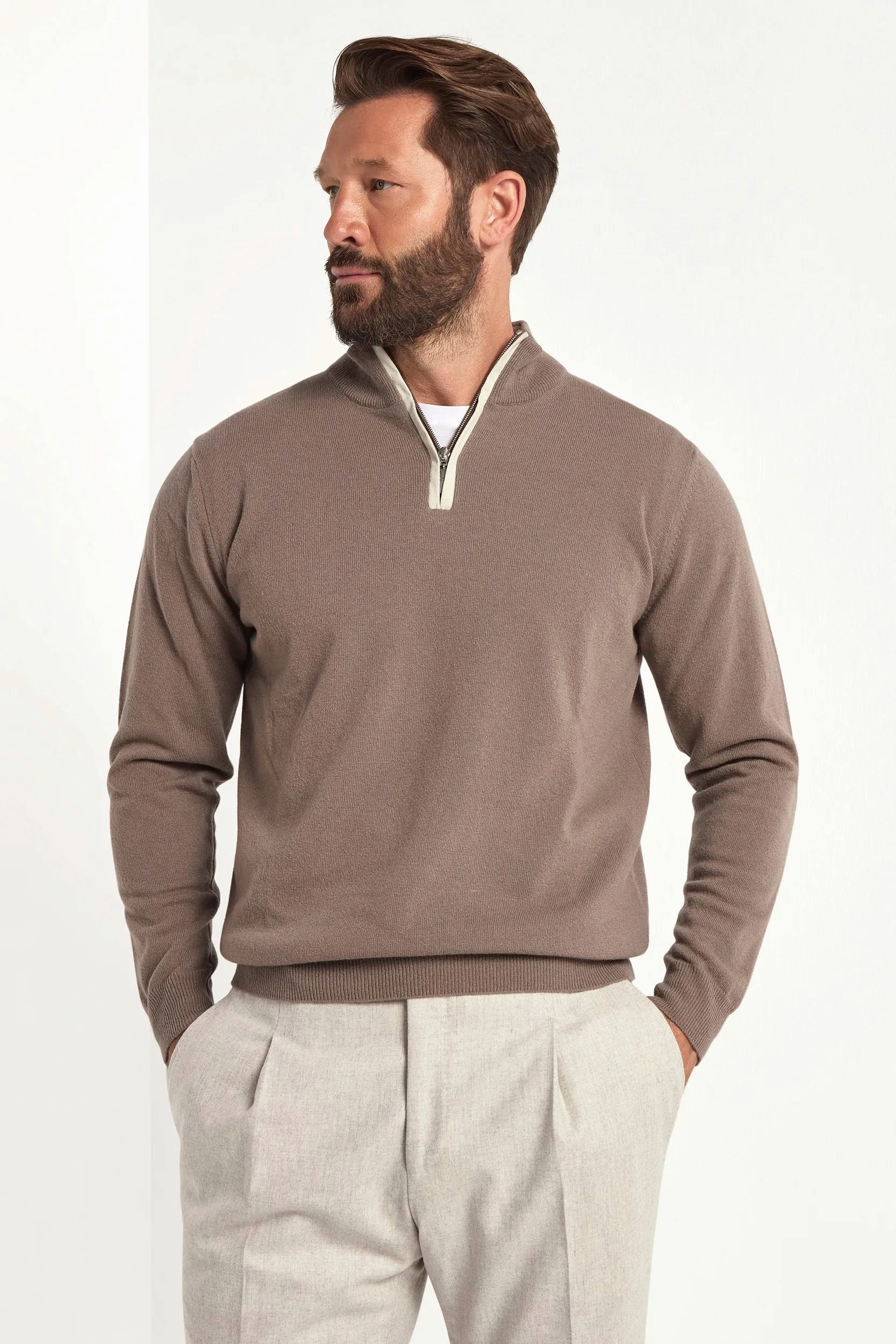 Taupe wool and cashmere half zip - Made in Italy Reinforced Stress Points Easy Care Fabric