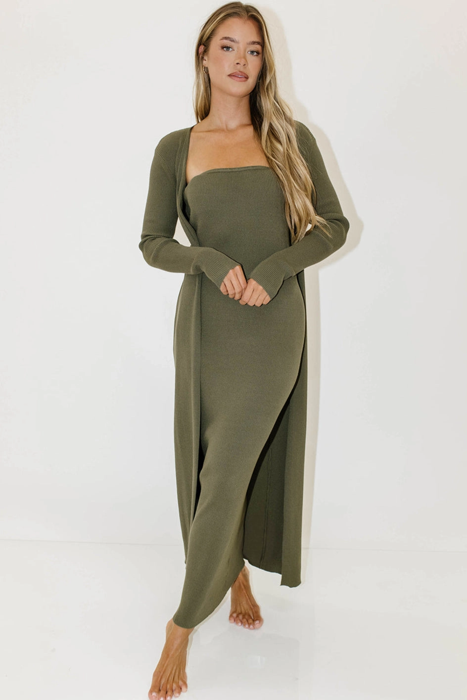 Lina Two Piece Dress Set in Dusty Olive - Bump Friendly Lounge Fit