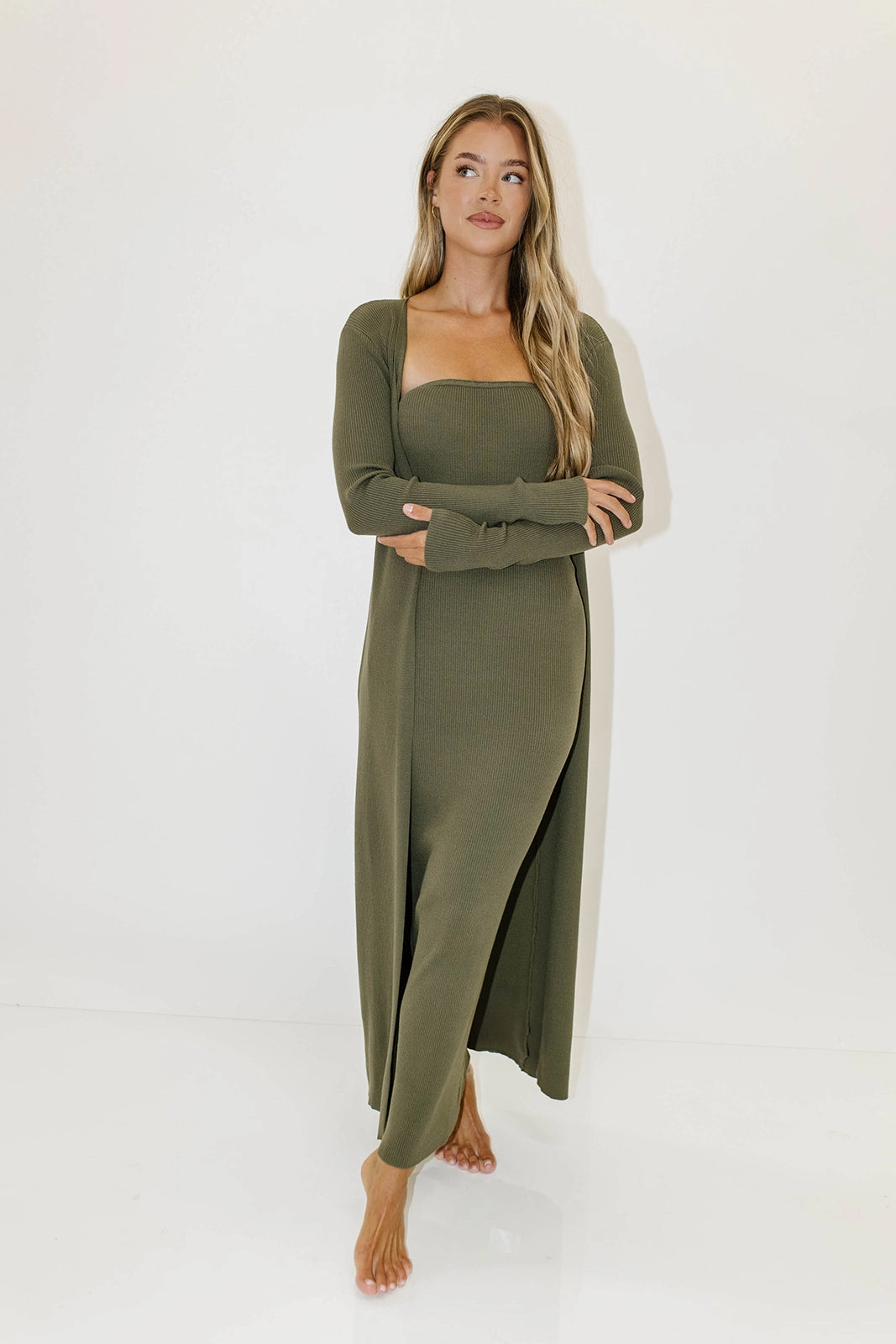 Oversized-Fit Shine Skin Lina Two Piece Dress Set in Dusty Olive - Bump Friendly
