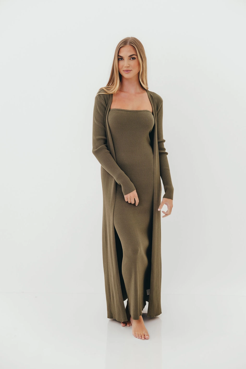 Lina Two Piece Dress Set in Dusty Olive - Bump Friendly Relaxed Style