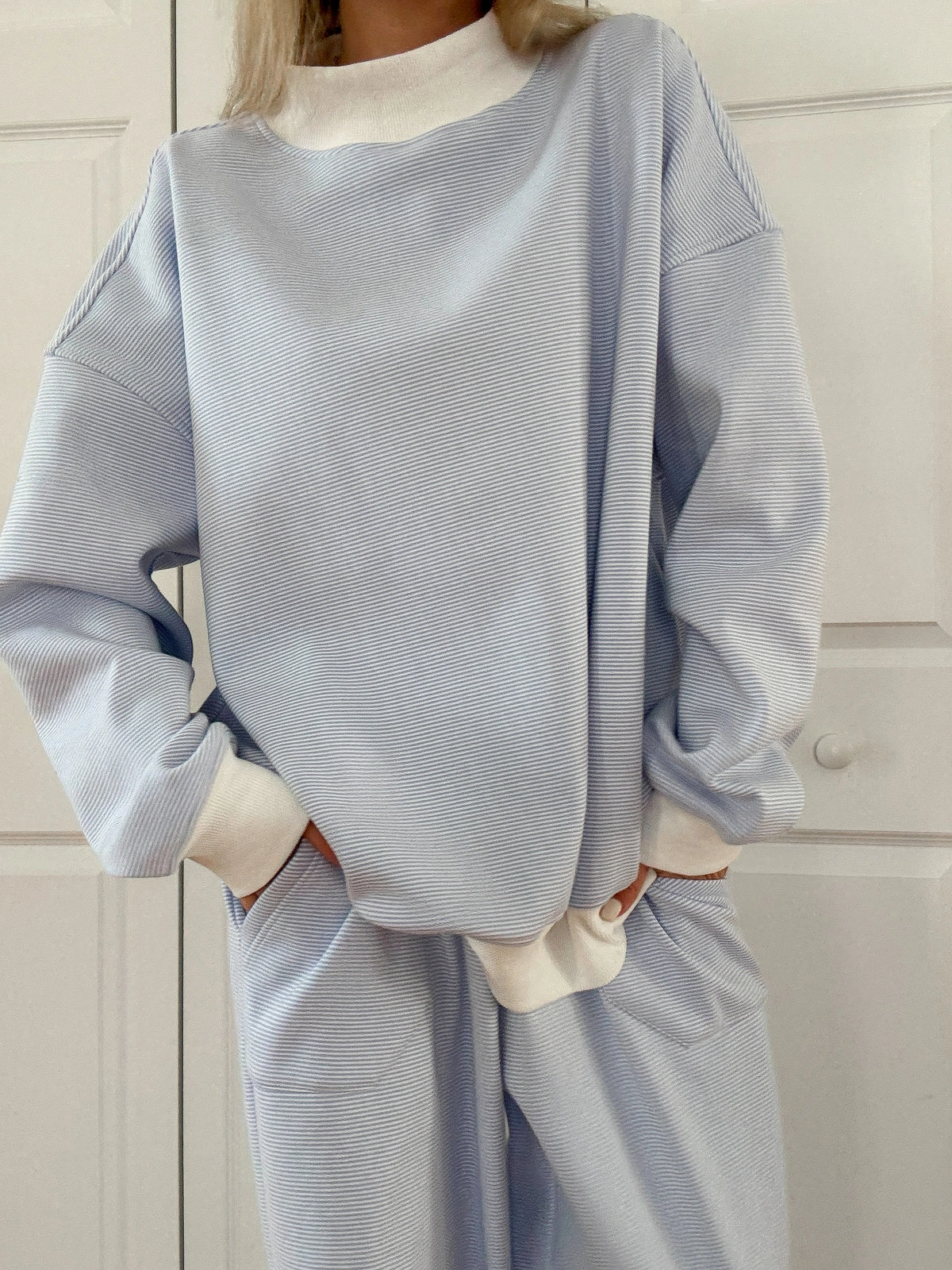 Cynthia Mini Striped Mock Neck Sweatshirt Blue and White Warm Wardrobe