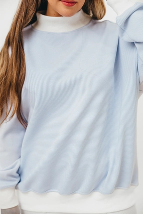 Anti Pilling Treatment Cynthia Mini Striped Mock Neck Sweatshirt Blue and White