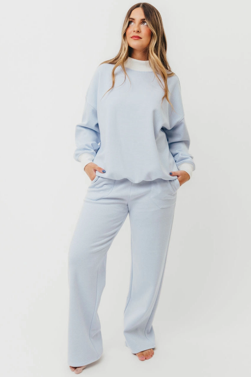 Merino Wool Cynthia Mini Striped Mock Neck Sweatshirt Blue and White