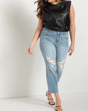 Elegant Bold Look Classic Fit Distressed Boyfriend Jean | Dark Medium Wash