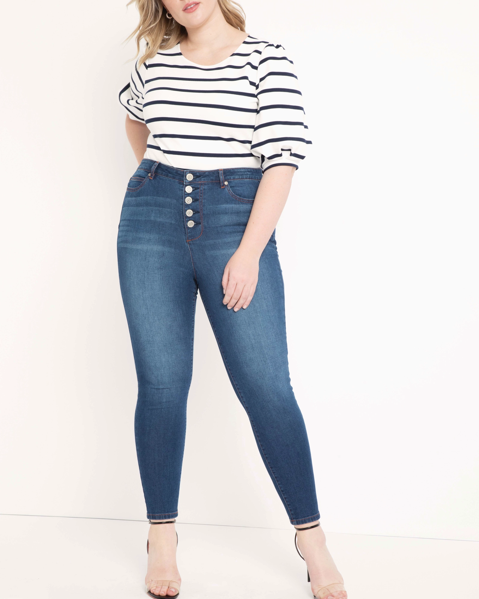 Cool Weather Comfy Option Classic Fit Peach Lift Button Fly Skinny Jean | Dark Wash