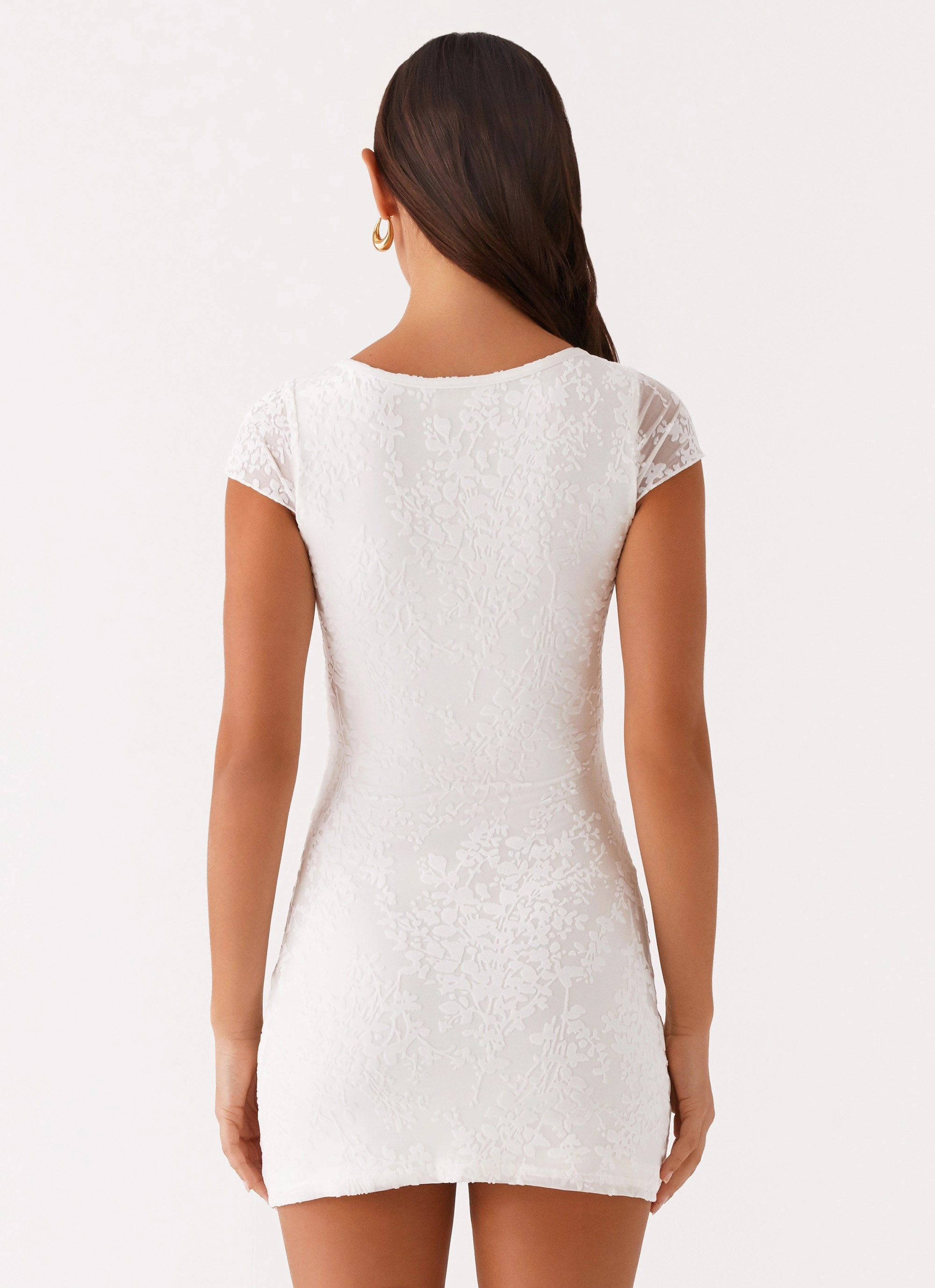 Nessa Mesh Mini Dress - White Lace Accent Flare Hem