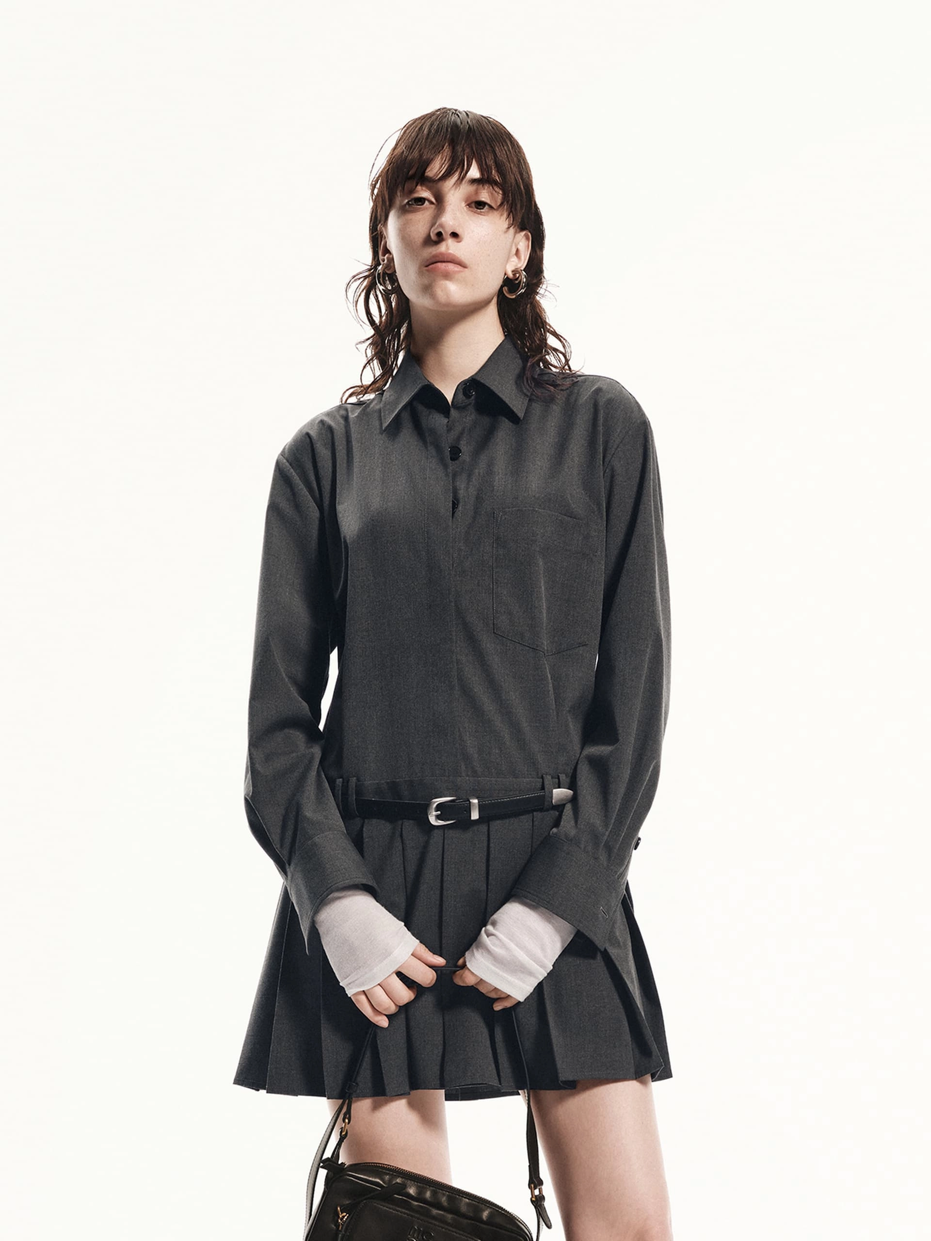 Pleated Mini Shirt Dress Lightweight Material