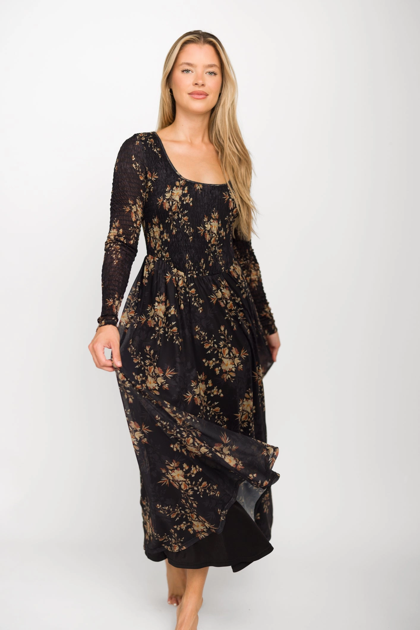 Honor Floral Smocked Woven Maxi Dress in Black - Bump Friendly Seasonal piece Chic Rhythm