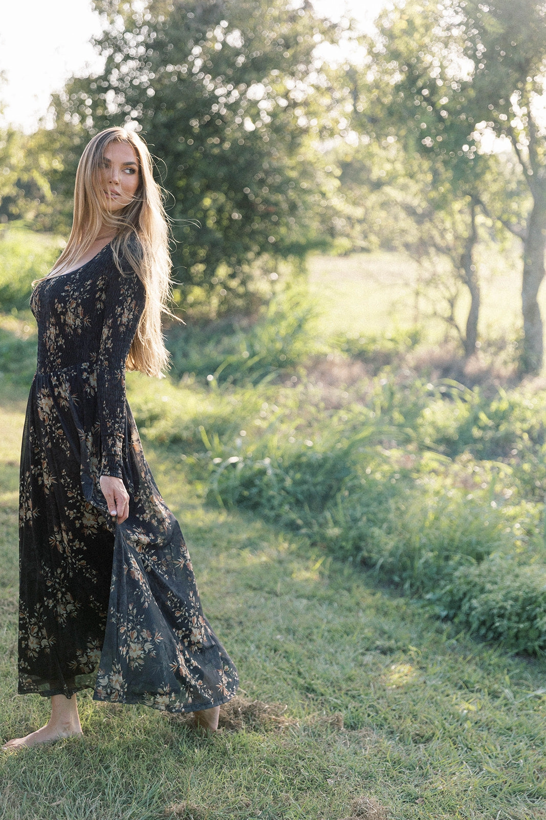 Honor Floral Smocked Woven Maxi Dress in Black - Bump Friendly Fluid movement Sheer Element